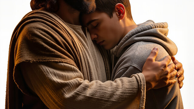 Emotional Divine embrace showing a religious figure hugging a young man in sunset light.