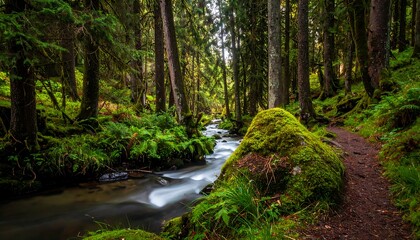 Naklejka premium A forest path winds alongside a mossy river, dappled sunlight filtering through towering trees above