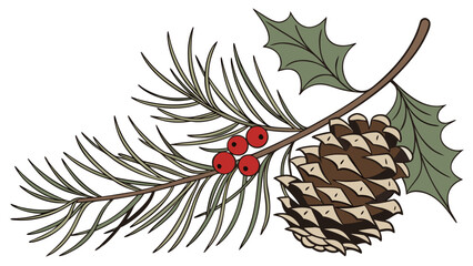 Obraz premium Pine Branch with Cone and Berries.