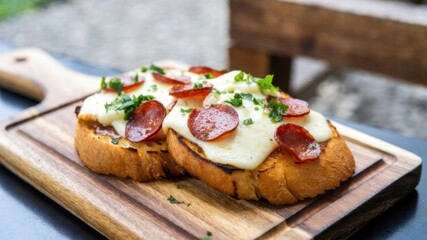 Delicious grilled cheese and pepperoni toast on wooden board.