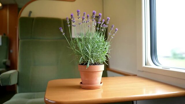 Potted lavender plant on a wooden table inside a caravan or camper van.