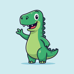 Obraz premium Friendly cartoon dinosaur waving hand in joyful greeting, illustrated in a playful simple flat style, standing on a light blue background, perfect for kids' content and nursery decor
