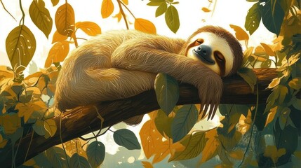 Fototapeta premium sleeping sloth curled on a sunlit tree branch surrounded by golden tropical leaves, peaceful and tranquil mood