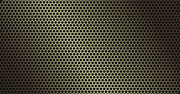 Premium golden metallic mesh pattern with circular holes and luxury gradient lighting for industrial technology and automotive branding