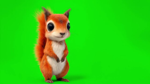 Squirrel Animation on Green Screen. Cute squirrel moving playfully for animal and kids video scenes. Chroma key. 3D animal