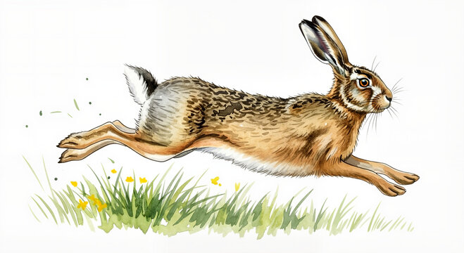 Watercolor art of a running Easter hare leaping through spring grass. For holiday designs, children's books, and spring seasonal decorations.