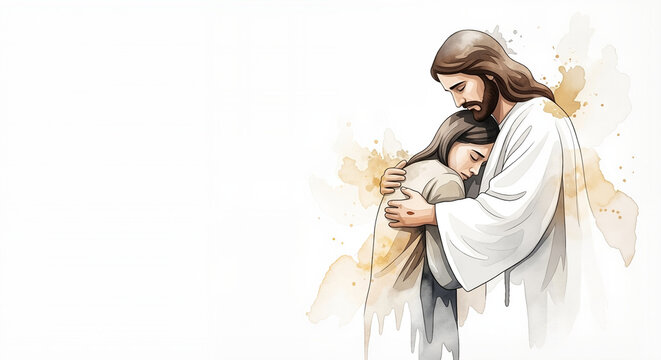 Watercolor illustration of divine compassion showing a savior figure embracing a person with love and forgiveness. For spiritual blogs, religious art, and inspirational content.