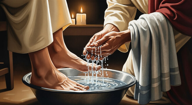 Illustration of the washing of the feet, a biblical act of humility and service. For religious teachings, Maundy Thursday content, and spiritual illustrations.
