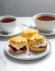 Scones with cream & jam, with two cups of tea. Cream tea time