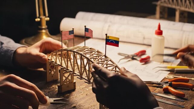 Building bridge model with flags.