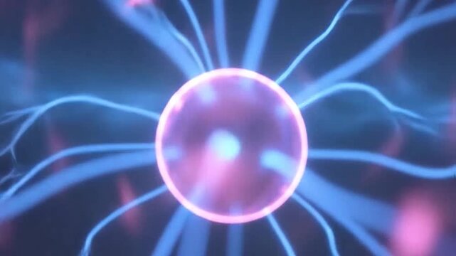 Vibrant electric plasma discharges illuminate a spherical glass globe