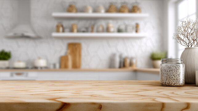 A bright, modern kitchen features a prominent empty wooden tabletop in the foreground, with a softly blurred background of white cabinets, wooden shelves, and natural light.
