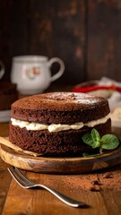 Chocolate layer cake with frosting on wooden board. Dark background with mug and fork