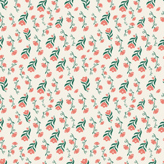 Minimalist Pink Floral Seamless Pattern with Green Leaves on Cream Background
