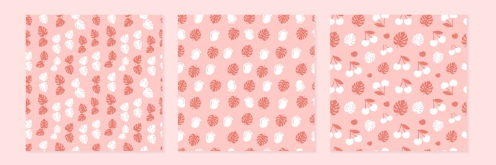 Set of Three Tropical Seamless Patterns with Monstera Leaves, Mangos, and Cherries on Pink Background