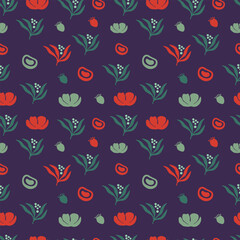 Moody Botanical Seamless Pattern with Abstract Flowers and Leaves on Dark Purple