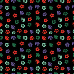 Tropical Hibiscus Flowers and Monstera Leaves Seamless Pattern on Black