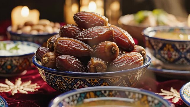 Dates piled in a patterned bowl, on table with bowls and candlelight
