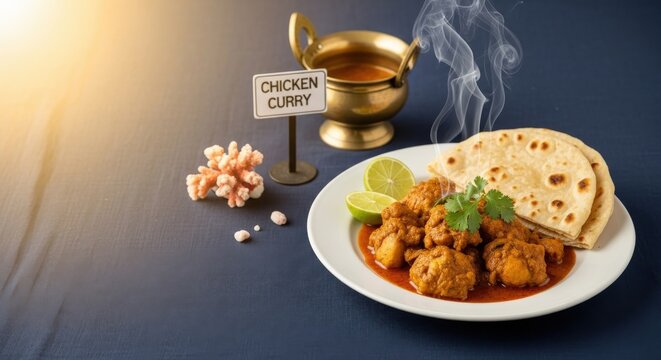 Authentic Indo-Fijian Chicken Curry and Roti on Indigo Masi with Warm Left Copy Space and Rising Steam