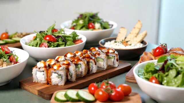 Assorted sushi rolls and fresh salad bowls with vegetables and breadsticks.