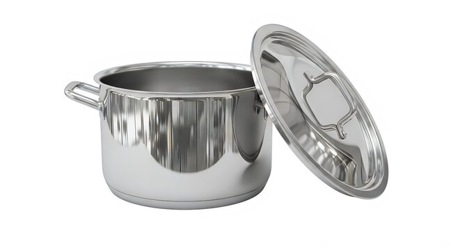 Stainless steel pot with lid, cookware kitchenware, isolated on transparent background