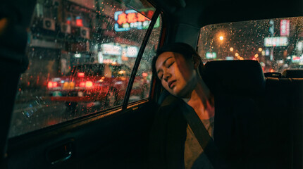 Fototapeta premium A woman sleeps in the backseat of a car at night. Raindrops cover the window, reflecting blurred red and yellow city lights from a busy street.