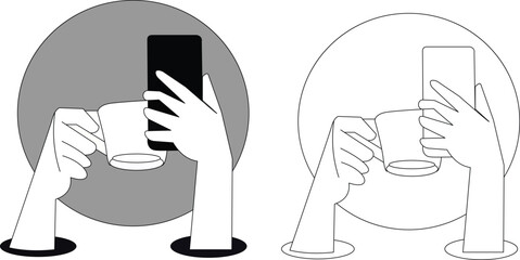 Smartphone Addiction Concept with Coffee Cup, Social Media Distraction Lifestyle Vector Illustration EPS10