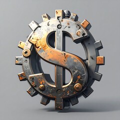 Metallic gear dollar sign. Weathered and bolted. Gray backdrop