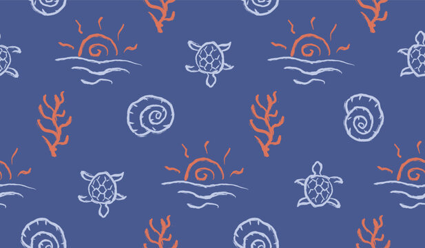 Tropical beach hand drawn pattern. Summer vintage doodle background. Scribble beach illustration seamless pattern containing sunset, sea turtle, seashell and coral.