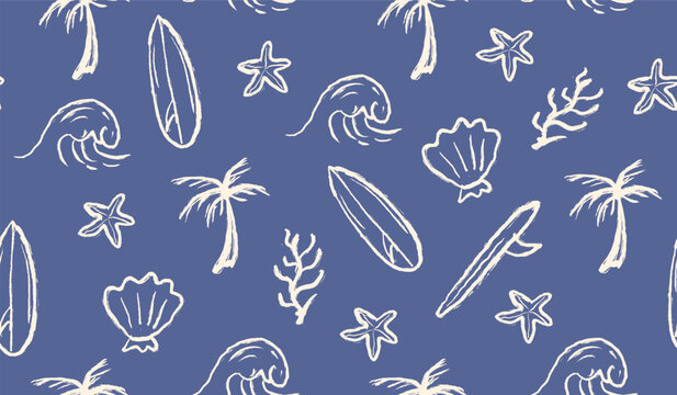 Tropical beach hand drawn pattern. Summer vintage doodle background. Scribble beach illustration seamless pattern containing palm tree, surfboard, seashell, starfish, coral and wave.