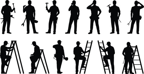 Handyman and construction worker silhouette set with tools, ladder climbing, standing poses and repair service action figures for signage