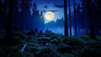 A full moon illuminates a dense forest at night, casting an eerie glow over the trees and undergrowth