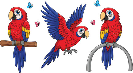 Tropical Scarlet Macaw Parrot Vector Illustration Set with Flying and Perching Poses with Colorful Butterflies on White Background © Nurjjaman