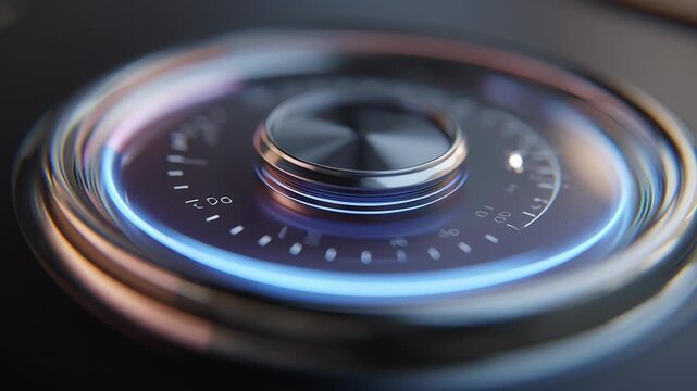 Close-up of holographic smart home control dial rotating on its own, smooth elegant future home design,  ai powered home automation