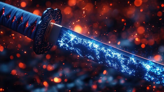 Close-up of ornate samurai sword with glowing blue energy blade, wrapped handle and decorative guard amid floating orange embers, evoking intense dramatic power