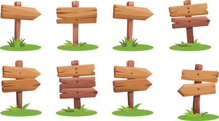 Wooden direction signposts set, rustic wood arrow boards on grass, forest trail guide signs, isolated cartoon vector illustration © David  Creations