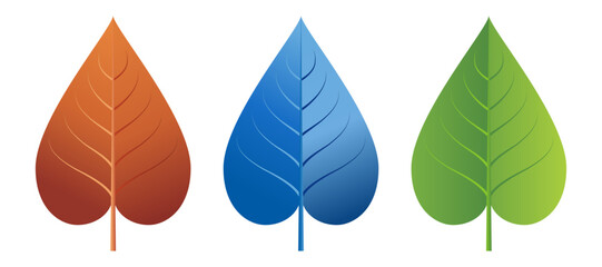 3色の葉のイラストセット（赤・青・緑）