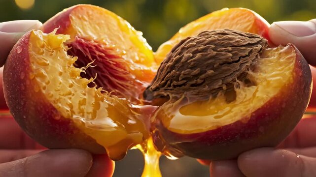 Juicy peach split open, revealing the delicious fruit and its pit.