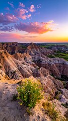 Badlands landscape at sunset with eroded hills and prairie