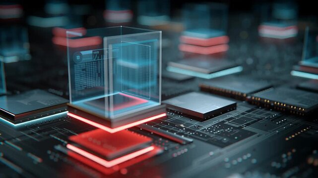 A computer chip with a red and blue square on it. Close-up of micro structure battery array with AI analytical UI floating above surface, commercial article aesthetic, ai optimized energy storage