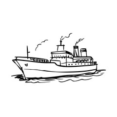 Obraz premium Hand drawn steamship sketch showing vintage ocean liner, smoking funnels. Detailed steamship sketch offers maritime history, travel design, education.