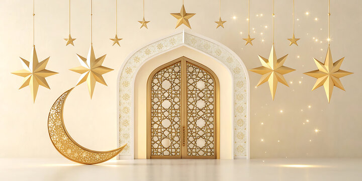 Elegant Ramadan Mubarak and Eid Mubarak greeting with crescent moon, stars, and golden door decoration on white wall background