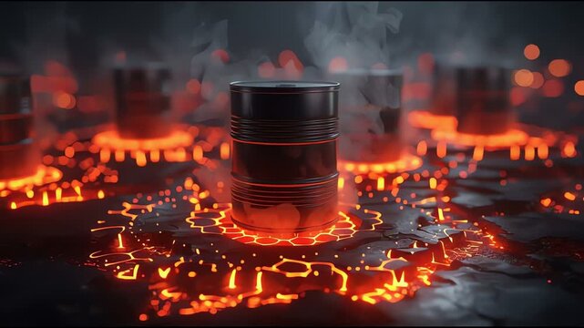 Black metal oil barrels surrounded by glowing molten lava in a dark industrial setting