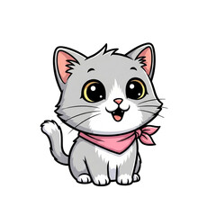 Obraz premium Adorable cartoon gray kitten with big yellow eyes and a soft pink bandana, a playful pet illustration