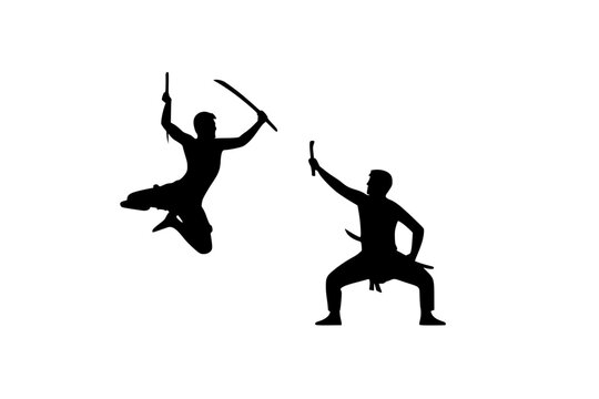 Silhouette of athletic female warrior performing high kick with bo staff