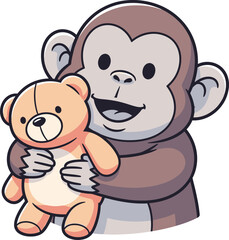 Obraz premium Happy cartoon monkey lovingly embracing a light brown teddy bear against a white background.