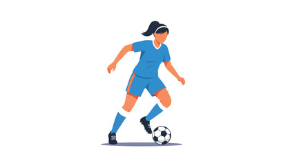 Obraz premium Female soccer player in blue uniform skillfully dribbles a ball during a match illustration.