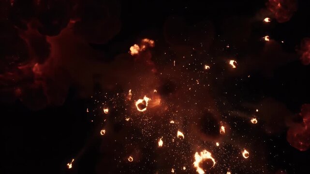 Massive fiery explosion with debris flying in slow motion against a dark background, perfect for VFX.
