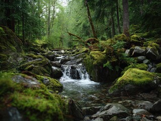 Lush green forest stream with mossy rocks