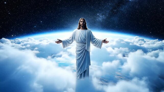 Jesus Resurrection Scene with Outstretched Arms above Earth Floating in Space
